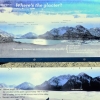 写真9　 タスマン氷河の衰退を1990年（氷河長26km）、2011年（24km）の写真と比較しながら解説し、2027年には20kmになるという予測値も書かれている